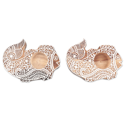 Mango Wood Tealight Candle Holders with Fish Motif (Pair)