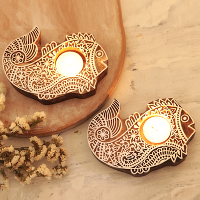 Portavelas de madera para velas pequeñas, (par) - Portavelas Tealight de Mango con Motivo de Pez (Pareja)