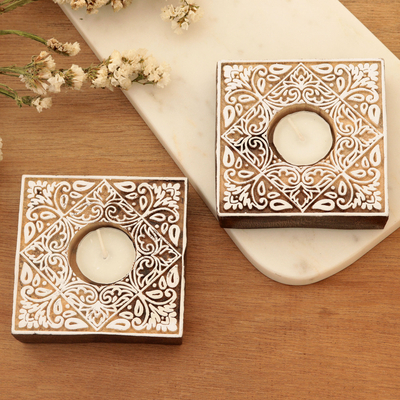 Wood tealight candle holders, 'Celebration Day' (pair) - Artisan Crafted Tealight Candle Holders from India (Pair)