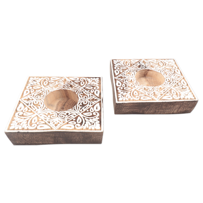 Portavelas de madera para velas pequeñas, (par) - Portavelas artesanales hechos a mano de la India (par)