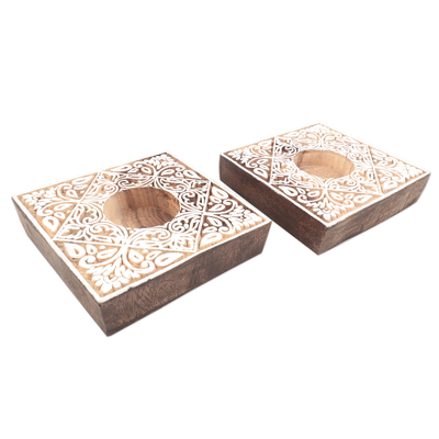 Wood tealight candle holders, 'Celebration Day' (pair) - Artisan Crafted Tealight Candle Holders from India (Pair)