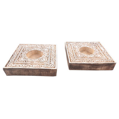 Portavelas de madera para velas pequeñas, (par) - Portavelas de madera de mango hechos a mano (par)