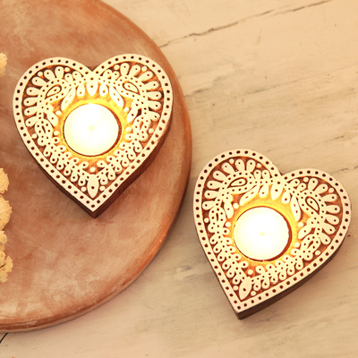 Wood tealight candle holders, 'Warm Heart' (pair) - Hand Carved Tealight Candle Holders with Heart Motif (Pair)