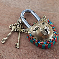 Brass lock and key set, 'Majestic Lion' (3 pieces) - Cast Brass Lock and Key Set (3 Pieces)