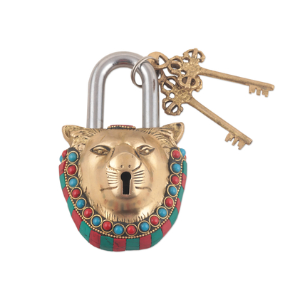 Brass lock and key set, 'Majestic Lion' (3 pieces) - Cast Brass Lock and Key Set (3 Pieces)