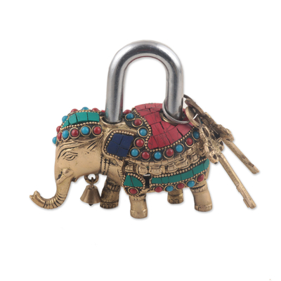 Brass lock and key set, 'Festive Elephant'  - Artisan Crafted Brass Elephant Lock and Key Set 
