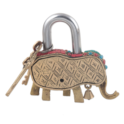 Brass lock and key set, 'Festive Elephant'  - Artisan Crafted Brass Elephant Lock and Key Set 