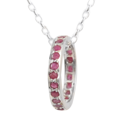 Ruby pendant necklace, 'Circle of Love' - Artisan Crafted Ruby Rhodium Plated Silver Necklace