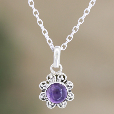 Amethyst pendant necklace, 'Gracious Flower' - Artisan Crafted Amethyst Necklace