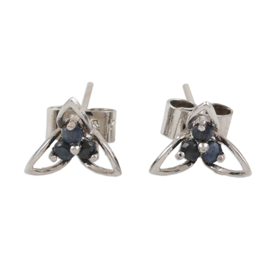 Sapphire stud earrings, 'Cool Petals' - Genuine Sapphire Flower Earrings