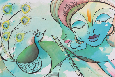 'manmohan' - pintura de técnica mixta del señor krishna