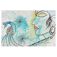 'Shobhita' - Signed Mixed Media Painting of Lord Krishna