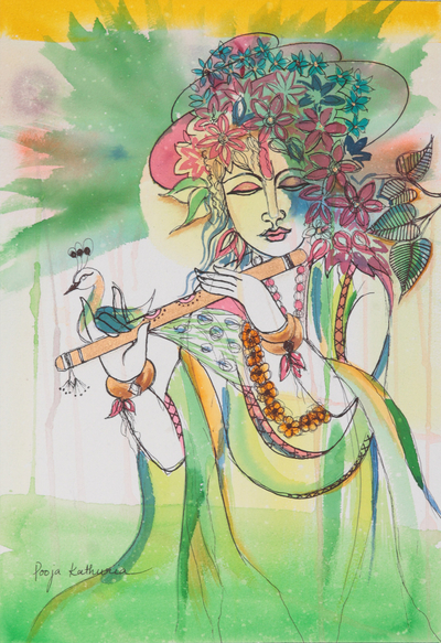 'Vanvihari' - Pintura original de acuarela y acrílico de Lord Krishna