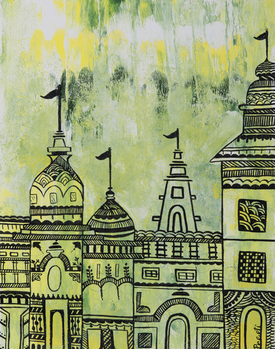 'Temple' - Original signiertes Acrylgemälde aus Indien