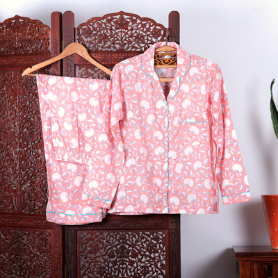 Conjunto de pijama de algodón - Pijama de algodón con estampado floral en tono rosa