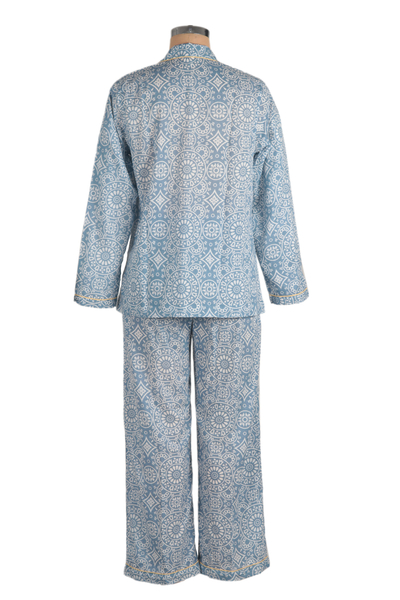 Conjunto de pijama de algodón - Pijama de algodón cyan con estampado de mandalas y ribetes amarillos