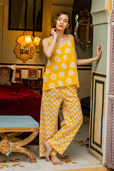 Cotton pajama set, 'Marigold Spring' - Marigold Cotton Pajama Set with Floral and Chevron Patterns