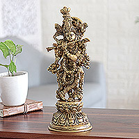 Brass sculpture, 'Krishna Glory' - Handcrafted Krishna Brass Sculpture from India