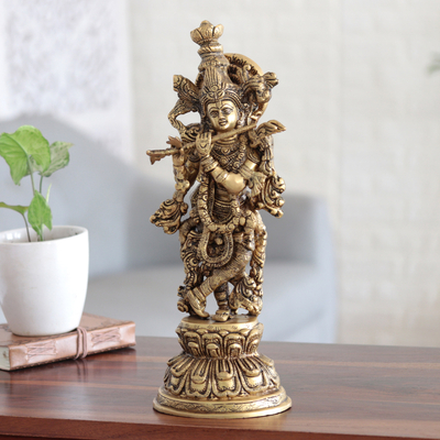 Messingskulptur - Handgefertigte Krishna-Messingskulptur aus Indien