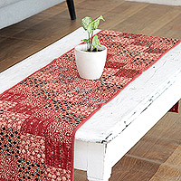 Cotton patchwork table runner, 'Burgundy Passion' - Burgundy Cotton Table Runner with Patchwork Pattern