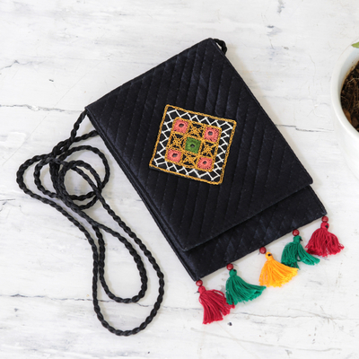 Embroidered sling bag, 'Creative Appeal' - Handmade Embroidered Sling Bag with Tassels and Beads