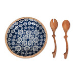 Mango wood salad bowl and servers, 'Delhi Lotus' (3 pieces) - Handcrafted Wood Salad Bowl and Servers (3 Piece Set)