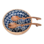 Mango wood salad bowl and servers, 'Delhi Lotus' (3 pieces) - Handcrafted Wood Salad Bowl and Servers (3 Piece Set)