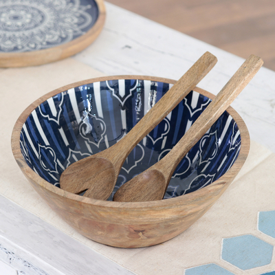 Mango wood salad bowl and servers, 'Blue Paradise' (3 pieces) - Wood and Resin Salad Serving Set (3 Pieces)