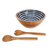 Mango wood salad bowl and servers, 'Floral Magnificence' (3 pieces) - Blue and Ivory Wood Salad Bowl and Spoons (3 Piece Set)