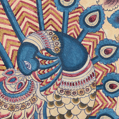 Kalamkari painting, 'Peacock Dance and Budding Tree' - Folk Art Acrylic Painting from India