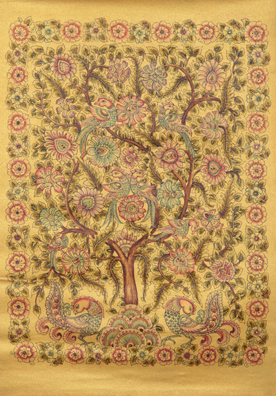Kalamkari painting, 'The Golden Nature' - Kalamkari Painting of Tree and Birds