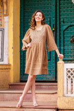 Cotton blend shift dress, 'Enchanting Afternoon' - Redwood Cotton Blend Shift Dress Embellished with Sequins