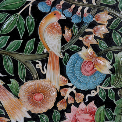Marble wall art, 'Birds with Flowers' - Handmade Hand-painted Relief Marble Wall Art from India