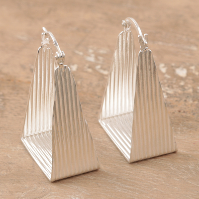 Sterling silver hoop earrings, 'Geometric Splendor' - Geometric Sterling Silver Hoop Earrings Crafted in India