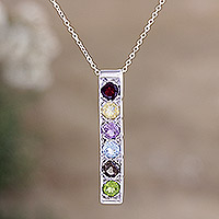 Multi-gem pendant necklace, 'Rainbow Symphony' - Multi-gem 925 Sterling Silver Pendant Necklace from India