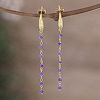 Gold-plated amethyst dangle earrings, 'Golden Torrent in Purple' - Hand Made Gold-Plated Amethyst Dangle Earrings