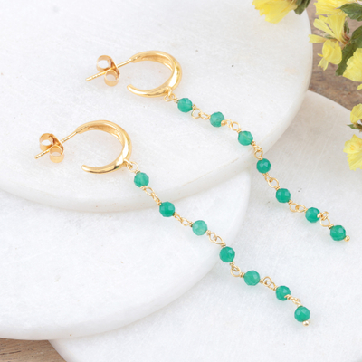 Gold-plated onyx dangle earrings, 'Golden Torrent in Green' - Handmade Gold-Plated Green Onyx Dangle Earrings
