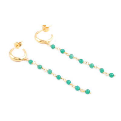 Gold-plated onyx dangle earrings, 'Golden Torrent in Green' - Handmade Gold-Plated Green Onyx Dangle Earrings