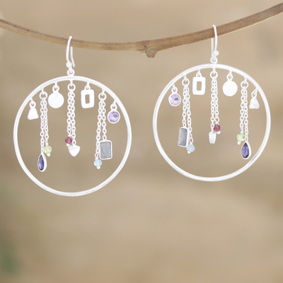 Multi-gemstone dangle earrings, 'Birthday Cake' - Handmade Amethyst and Chalcedony Dangle Earring