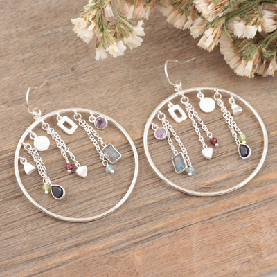 Multi-gemstone dangle earrings, 'Birthday Cake' - Handmade Amethyst and Chalcedony Dangle Earring