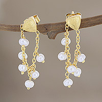 Gold-plated cultured pearl dangle earrings, 'Charmed Life' - Hand Crafted Gold-Plated Cultured Pearl Dangle Earrings