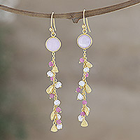Gold-plated multi-gemstone dangle earrings, 'Pink Sea'