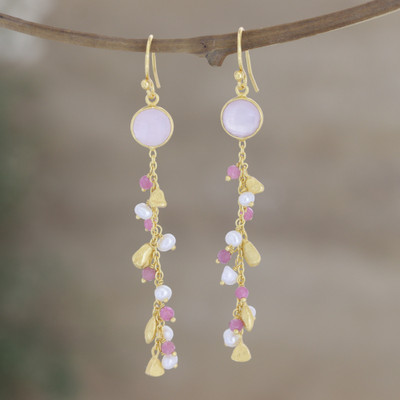 Gold-plated multi-gemstone dangle earrings, 'Pink Sea' - Gold-Plated Cultured Pearl and Chalcedony Dangle Earrings