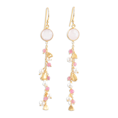 Gold-plated multi-gemstone dangle earrings, 'Pink Sea' - Gold-Plated Cultured Pearl and Chalcedony Dangle Earrings