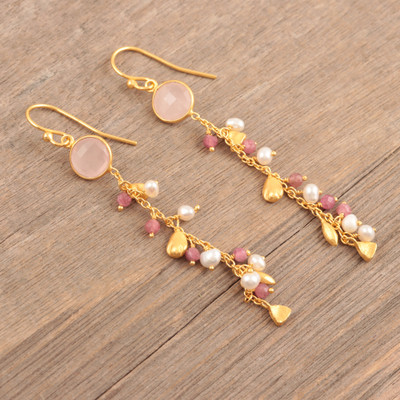 Gold-plated multi-gemstone dangle earrings, 'Pink Sea' - Gold-Plated Cultured Pearl and Chalcedony Dangle Earrings