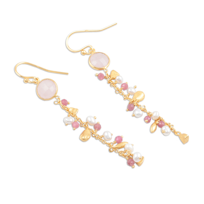 Gold-plated multi-gemstone dangle earrings, 'Pink Sea' - Gold-Plated Cultured Pearl and Chalcedony Dangle Earrings