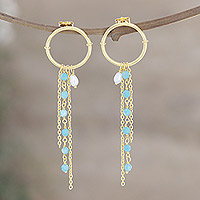 Gold-plated chalcedony and cultured pearl dangle earrings, 'Light Rain'