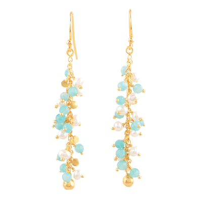 Gold-plated chalcedony and cultured pearl dangle earrings, 'Berry Beautiful' - Hand Made Gold-Plated Cultured Pearl Dangle Earrings