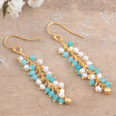 Gold-plated chalcedony and cultured pearl dangle earrings, 'Berry Beautiful' - Hand Made Gold-Plated Cultured Pearl Dangle Earrings
