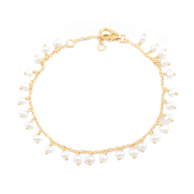 Gold-plated cultured pearl charm bracelet, 'Charmed Circle' - Handmade Gold-Plated Cultured Pearl Charm Bracelet